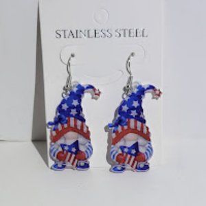STAINLESS STEEL PATRIOTIC GNOME EARRINGS W/SILVER COLOR HOOKS
